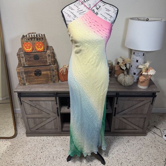 Flori Design Silk Ombre Formal Maxi Beaded Dress Sz 1/2 Halter Y2k Fairy Whimsy - Picture 1 of 11